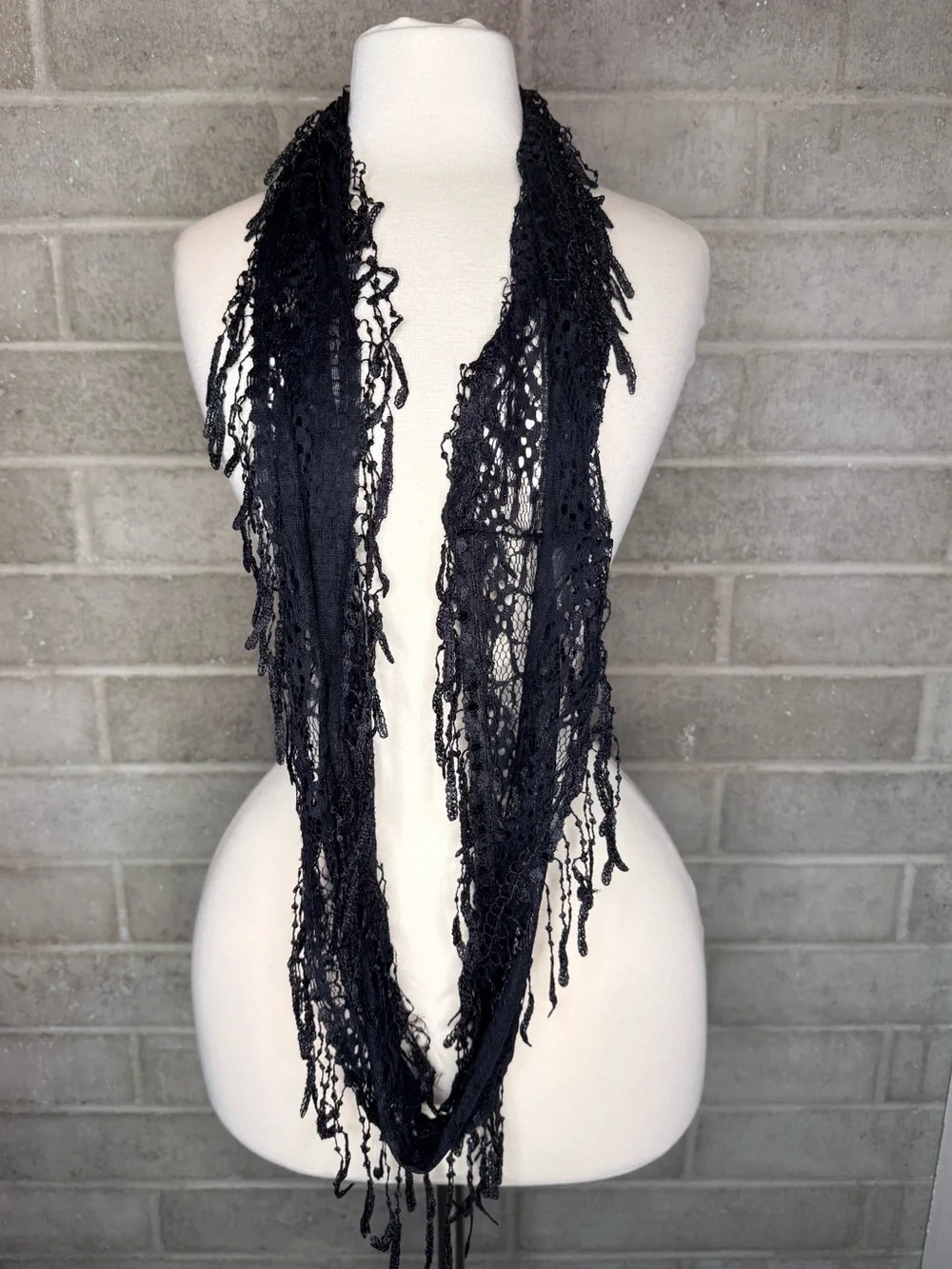 Black Lace Infinity Scarf Fringe Sheer Boho Gothic Festival Lightweight Wrap OS